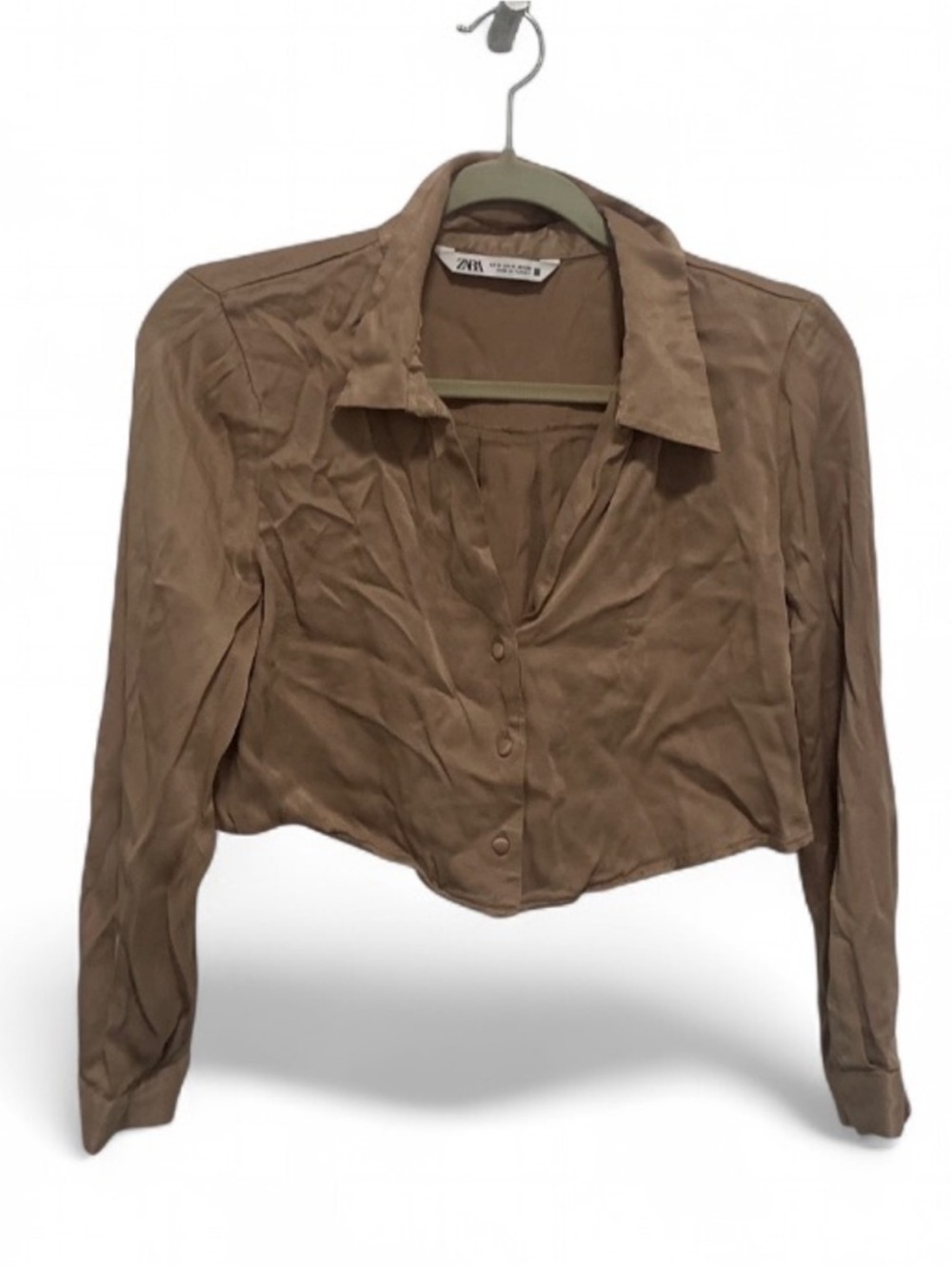 Zara Taupe Cropped Button-Front Long Sleeve Shirt